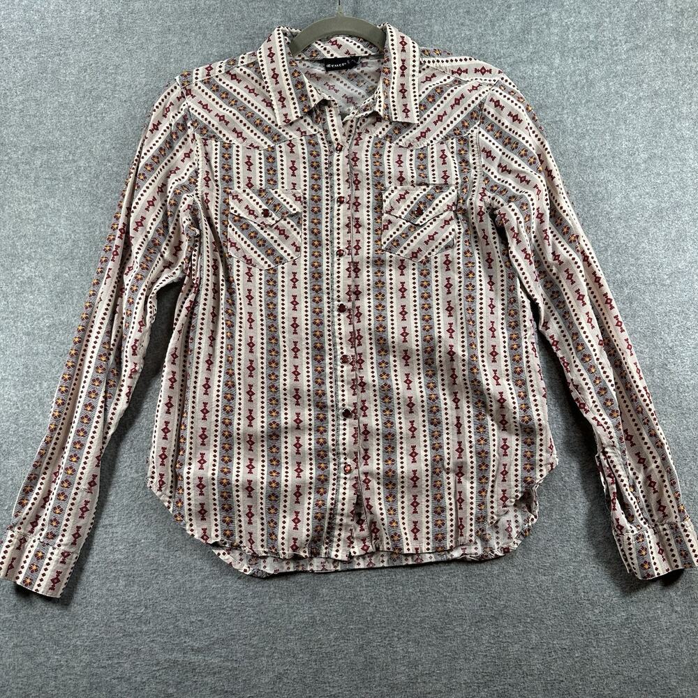 Cruel Denim Western Snap Front Red Gray White Striped Aztec Print Women’s Medium